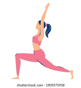 Crescent Lunge pose, the girl is engaged in yoga. Flat modern illustrations for beauty, spa, wellness, natural products, cosmetics, body care. Vector illustration isolated on white background. 