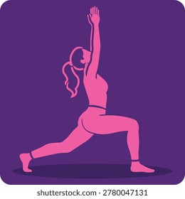 Crescent Lunge Yoga Pose Vector, Faceless Woman Stretching in High Lunge, Minimalist Fitness Illustration, Pink and Purple Wellness Concept for Vitality