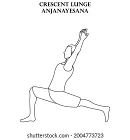 Crescent lunge yoga workout. Anjanayesana. Man doing yoga illustration outline on the white background. Vector illustration