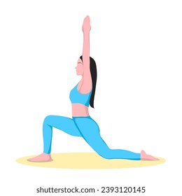 Crescent Lunge,Anjaneyasana Yoga pose. Young woman practicing yoga ,exercise.Flat vector illustration isolated on white background.