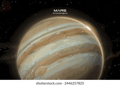 Marte creciente. El fondo de Marte en el cielo estrellado. En el cielo estrellado en la oscuridad. El planeta Marte en la galaxia de la Vía Láctea. Ilustración vectorial realista. Fondo de Vector.