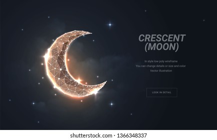 Crescent or moon.  Abstract illustration isolated on dark background. Low poly wireframe mesh. Particles are connected in a geometric silhouette.Сonstellation with dots and line