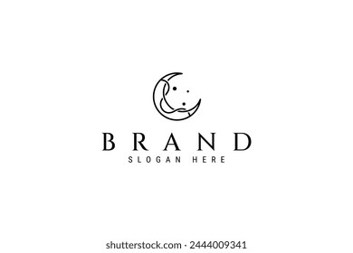 crescent moon abstract logo with waves element in line art illustration design style