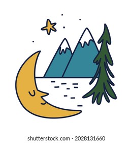 A crescent moon against the background of mountains and the river surface. Sleeping moon with snow-capped mountain ranges isolated. Cartoon vector illustration of hiking and outdoor recreation.