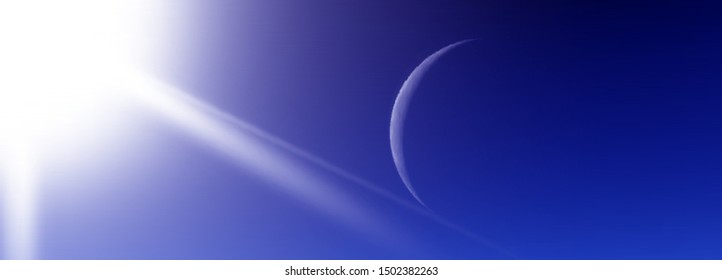 A crescent moon against a deep blue sky glowing in the rays of the shining sun. Vibrant positive wallpaper. Beautiful natural landscape. Vector illustration.