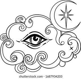 Crescent moon, all seeing eye, lightning bolts over ornate cloud. Tattoo style. Vector illustration in outlines isolated on white. 