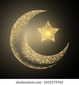 Crescent moon ang single gold star made of stardust vector illustration. Glowing crescent moon, golden glossy star night sky  elements. Religious symbols. 