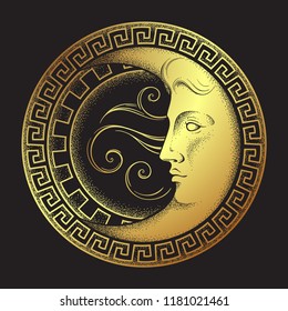 Crescent moon in antique style hand drawn line art and dotwork. Boho chic art tattoo, poster, altar veil, tapestry or fabric print design vector illustration