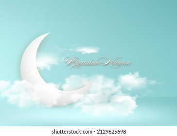 Crescent moon arabic Islamic symbol Ramadan Kareem in the sky concept for Muslim community festival. Banner template vector illustration on blue sky background