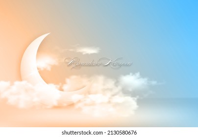 Crescent moon arabic Islamic symbol Ramadan Kareem in the sky concept for Muslim community festival. Banner template vector illustration on colorful sky background