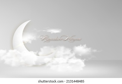 Crescent moon arabic Islamic symbol Ramadan Kareem in the sky concept for Muslim community festival. Banner template vector illustration on white sky background