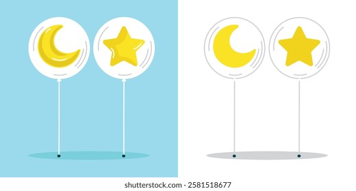 a crescent moon balloon and star-shaped balloon inside a transparent balloon in a flat design for a design element or coloring book element