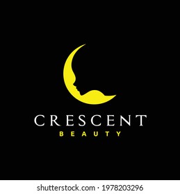 Crescent Moon with Beauty Face Design Elements, Tattoos, Stickers, Linear Vector Illustration Isolated on Black Background