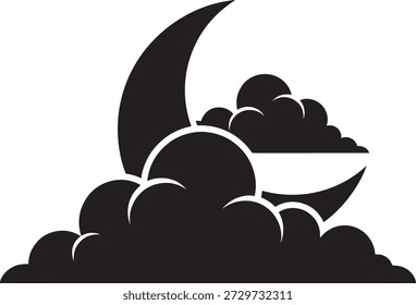 Luna creciente detrás de la silueta de las nubes. Icono del cielo nocturno para el pronóstico del Clima, Ramadán Kareem o decoración de Eid Mubarak. Ilustración vectorial de la luna y las nubes para la naturaleza y los conceptos religiosos.
