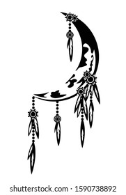 crescent moon with bird feathers - night time dream catcher for sweet dreams black and white vector design
