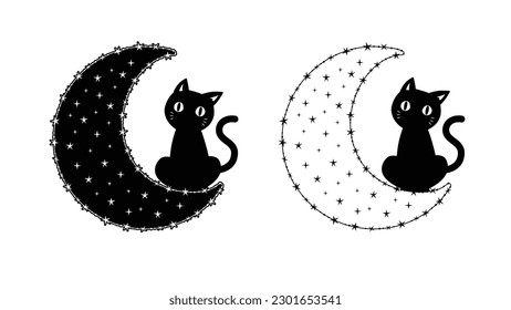 Crescent moon and Black cat, Mystical black cat, Star in The Moon, animal silhouette, Lunar Cat Logo design.