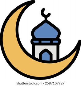 Crescent moon with black mosque illustration symbolizing Ramadan and devotion.