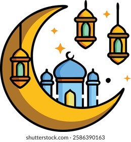 Crescent moon with blue mosque and lanterns symbolizing Ramadan nights and devotion.