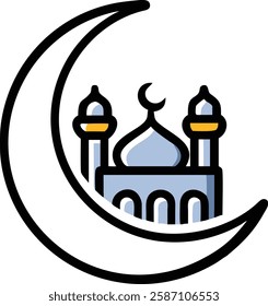 Crescent moon with blue mosque outline representing Ramadan nights and devotion.