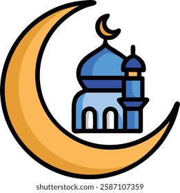 Crescent moon with blue mosque representing Ramadan nights and spirituality.