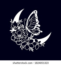 Crescent moon with butterfly and floral style decoration