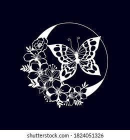 Crescent moon with butterfly and floral style decoration