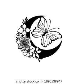 Crescent moon with butterfly and floral style decoration
