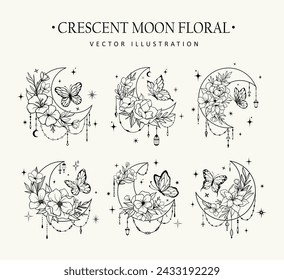 Crescent moon with butterfly and floral style decoration