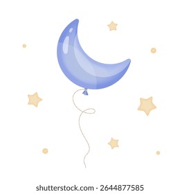 Crescent moon in cartoon style decorated with stars. Vector illustration of helium air balloon with soft gradients. Perfect for birthday design, party invitations, prints, and festive decor.