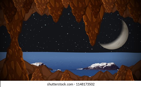 A crescent moon from cave view illustration