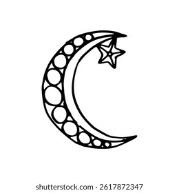 Crescent moon with circular patterns and star hand-drawn vector symbol.