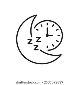 Crescent Moon And Clock Line Icon. Sleep Time Concept With ZZZ Outline Symbol. Bedtime Reminder. Editable Stroke. Isolated Vector Illustration.