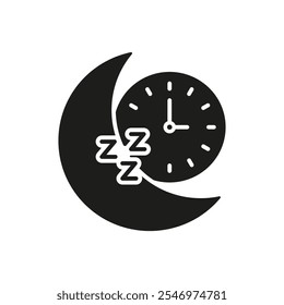 Luna creciente y icono de la silueta del reloj. Concepto de tiempo de sueño con símbolo de glifo ZZZ. Recordatorio de la hora de acostarse. Ilustración vectorial aislada.