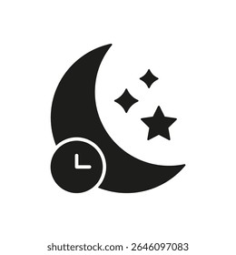 Lua Crescente Com Relógio E Estrelas Ícone Sólido. Símbolo de Silhueta de Rotina Noturna, Cronograma de Sono e Hora de Dormir. Gerenciamento De Tempo E Descanso. Ilustração de vetor isolada.