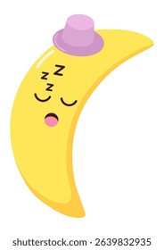 Crescent moon with closed eyes, wearing a whimsical purple bowler hat, peacefully sleeping, snoring softly, and dreaming sweetly against a clean white background