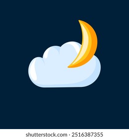 Crescent moon with cloud in cartoon style. Design for weather icon, mobile app, and night designs.