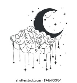 Crescent moon and cloud with decorations and stars. Celestial symbols for tarot, astrology, t-shirt printing. Womens vintage boho tattoo. Vector line drawing art