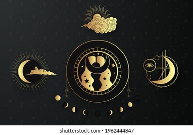 Crescent moon and cloud with decorations and stars. Celestial symbols for tarot, astrology. Alchemy esoteric mystical magic celestial talisman with sun, moon phases, stars. Vector hand drawn style.