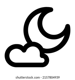 Crescent moon with cloud in outline icon. Moon phase, night, weather, forecast