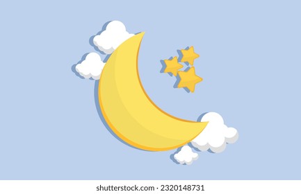 Crescent moon with cloud and star. Half yellow moon. Realistic elements