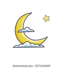 Crescent moon, cloud and star for Ramadan, islamic holy month decoration element. Happy Muslim holiday celebration concept. Islamic moon ornament vector illustration