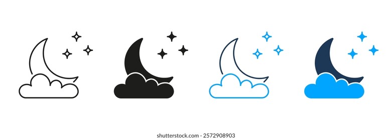 Crescent Moon with Cloud and Stars Line and Silhouette Icon Set. Peaceful Nighttime Sky Symbol. Editable Stroke. Isolated Vector Illustration.