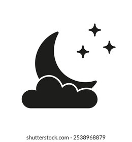 Crescent Moon with Cloud and Stars Silhouette Icon. Peaceful Nighttime Sky Glyph Symbol. Isolated Vector Illustration.