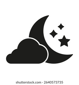 Crescent Moon With Cloud And Stars Solid Icon. Nighttime Weather, Sleep, And Dreaming Silhouette Symbol. Celestial And Atmospheric Conditions. Isolated Vector Illustration.