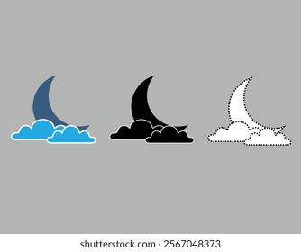 A  crescent moon with a cloud  symbolizing a cloudy night  in a gray background 