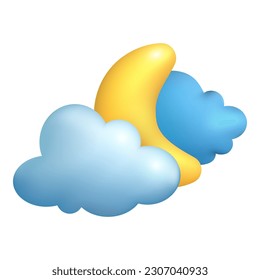 Crescent moon in clouds 3d vector illustration. Cloudy or clear weather at summer night in cartoon style isolated on white background. Weather forecast, meteorology concept