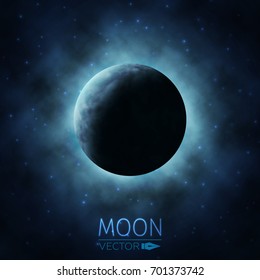 Crescent Moon. Moon in Clouds. The Background of the Moon in the Starry Sky. Moonlight in the Night Sky. Vector Illustration.