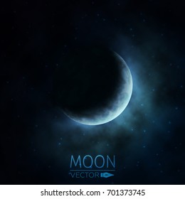 Crescent Moon. Moon in Clouds. The Background of the Moon in the Starry Sky. Moonlight in the Night Sky. Vector Illustration.