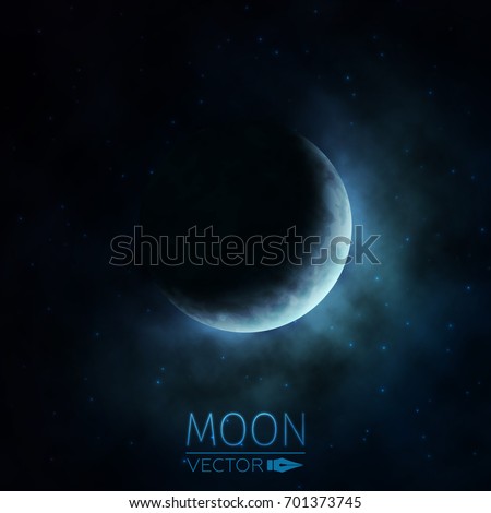 Crescent Moon. Moon in Clouds. The Background of the Moon in the Starry Sky. Moonlight in the Night Sky. Vector Illustration.