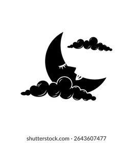 Crescent moon and clouds. Black and white illustration. Vector.